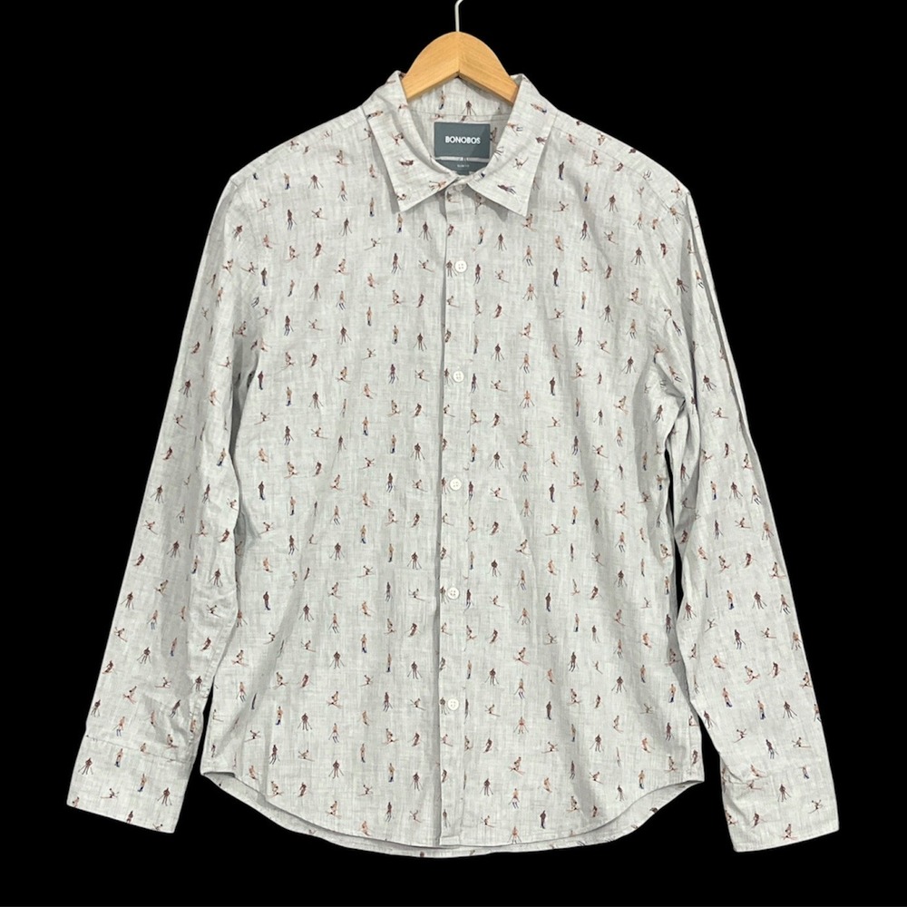 Bonobos Button Down Shirt Mens M Grey Ski Print Slim Fit Short Length Preppy